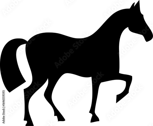 Black silhouette of a standing horse, simple animal outline design for logo, illustration, stencil, wall art, equestrian branding, and decorative use