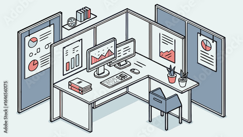 Office cubicle setup with computer monitors desk and chair isometric view for workspace organization design