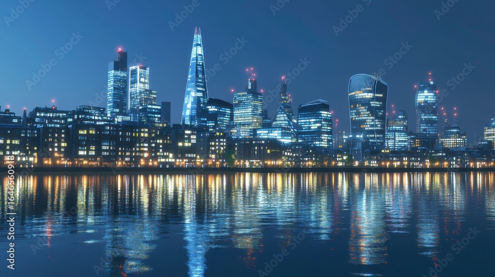 Fototapeta premium Stunning City Skyline at Night with Reflections on Water Surface