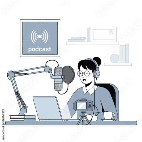Monochrome Illustration of a Female Podcaster and Vlogger at Her Home Studio