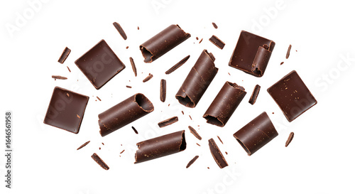 Dark chocolate pieces and shavings isolated on transparent background