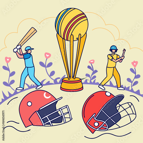 cricketers player with helmet and troffi