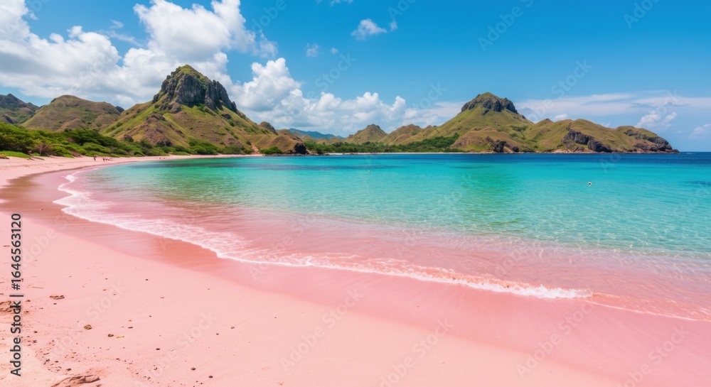 Fototapeta premium A breathtaking view of the iconic Pink Beach on Komodo Island, Indonesia. The sand's unique pink hue comes from crushed red coral blending with white sand