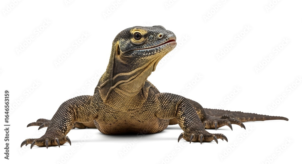 Fototapeta premium A Komodo dragon lies on a white background, lifting its head to look upwards with an alert expression.