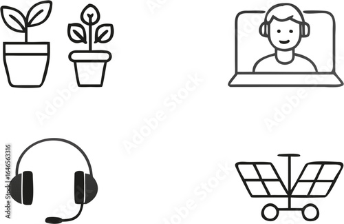 Illustration of two potted plants, a person on a laptop, headphones, and a rover vehicle silhouette