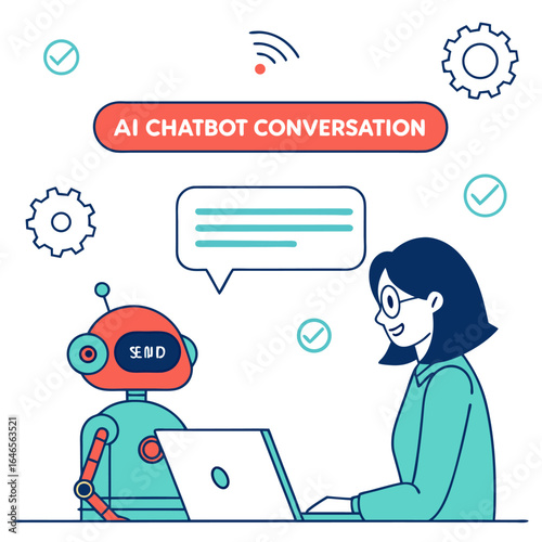 Illustration of a woman interacting with an ai chatbot on a laptop with conversation elements and icons
