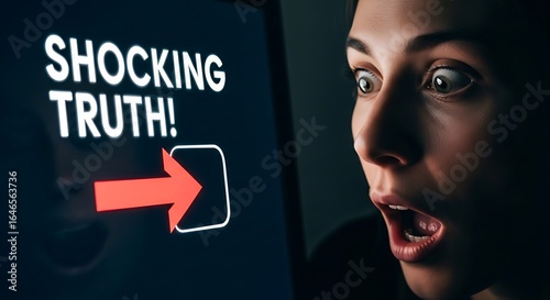 A woman stares at her computer screen in disbelief, her face illuminated by a headline revealing a shocking truth.