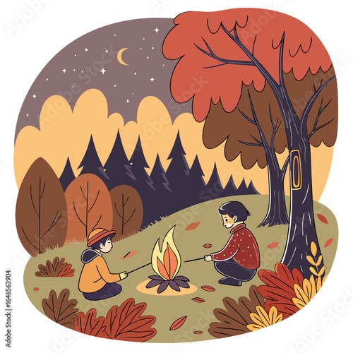 Two children roasting marshmallows over a campfire in an autumnal forest under a starry night sky scene