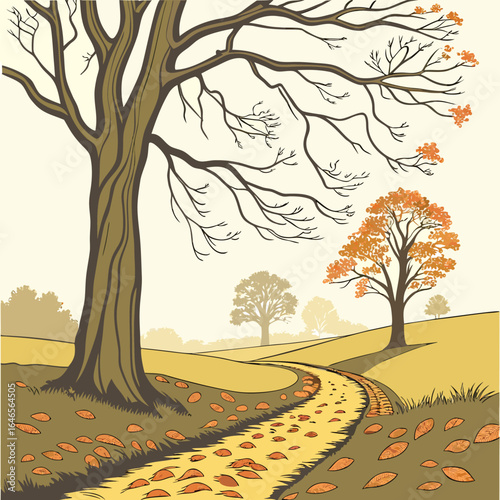 A winding path through an autumn landscape with trees and scattered leaves on the ground is shown here