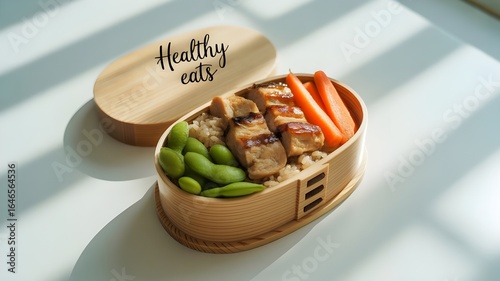 Healthy Bento Box Lunch:  Grilled Chicken, Brown Rice, Edamame, and Carrots in a Wooden Container.