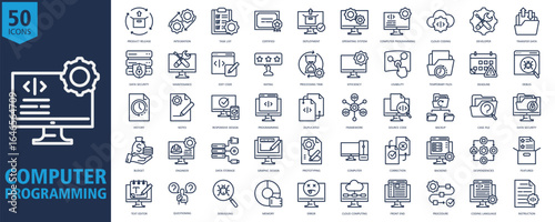 Computer Programming Icon Set Outline with product release, integration, task list, certified, deployment, operating system, computer programming, cloud coding
