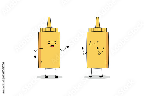 Cute yellow mustard bottle cartoon character arguing doodle