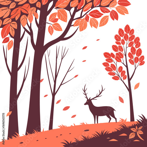 Silhouette of a deer standing on a hill in an autumn forest with falling leaves and bare trees around it