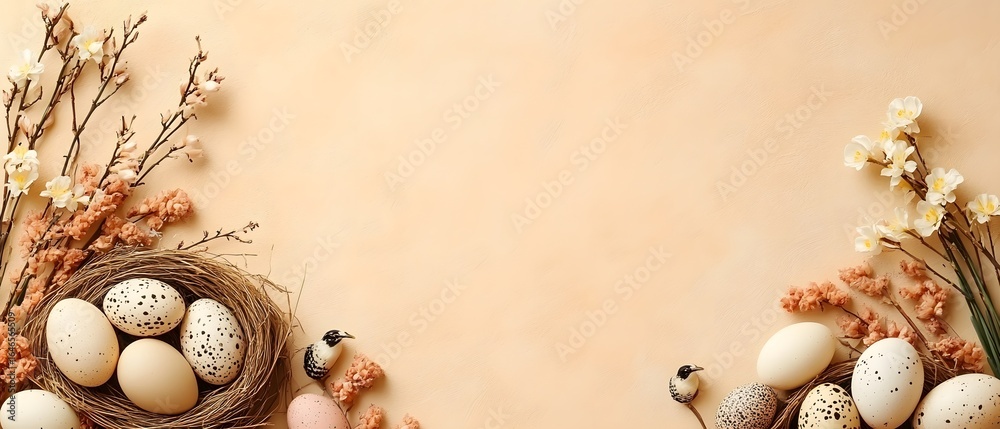 Obraz premium Easter background with willow branches, narcissus, and quail eggs.