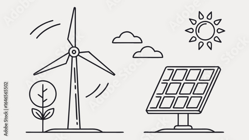 Renewable energy solutions: solar panel, wind turbine, and tree for sustainable future illustration vector