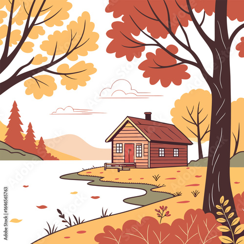 Illustration of a cozy cabin near a lake surrounded by autumn trees with falling leaves and cloudy sky view