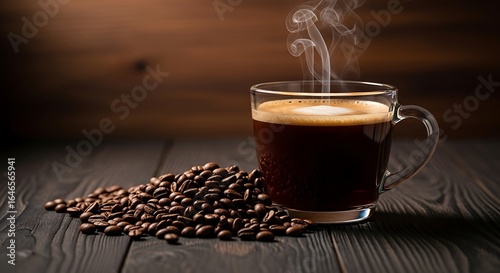 Steaming Coffee in Glass Mug with Roasted Beans on Dark Wood Surface