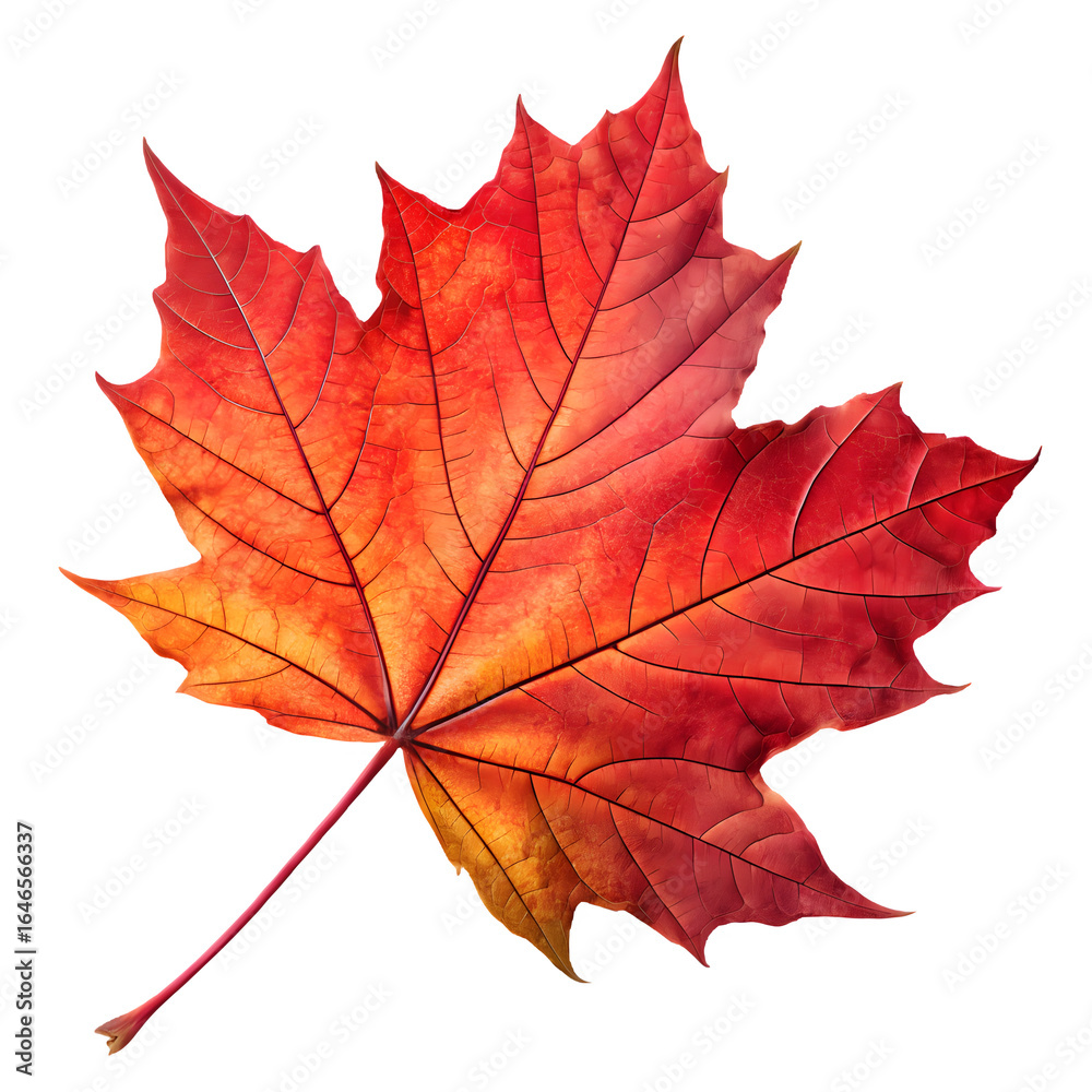 Fototapeta premium Vibrant red maple leaf against a stark black background
