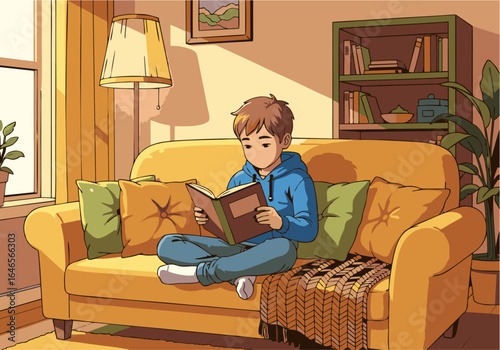 A young boy enjoys reading a book while sitting on a comfortable couch in a sunlit room, evoking a sense of peace and relaxation.