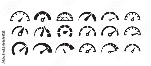 Speed icon signs, Speedometer black icons set, gauge meter, dashboard elements for automotive, speed measurement,  vector illustration eps 10.