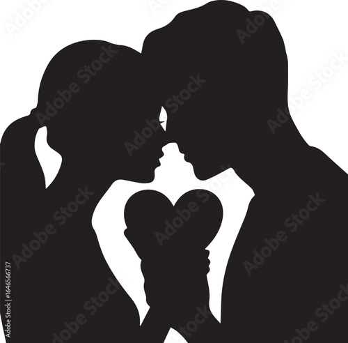 Silhouetted couple sharing a red heart symbol