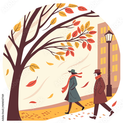 Two people walking on an autumn day with a tree and a building with a street lamp in the background