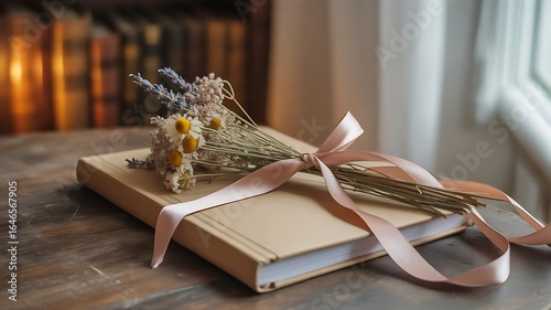 Cozy scene of a book tied with ribbon and dried flowers next to a window