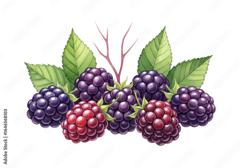 Fototapeta premium Fresh Blackberry Raspberry Watercolor Illustration, Isolated Fruit Element on Transparent Background