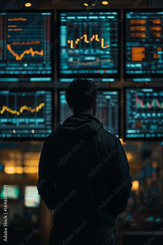 Obraz premium A man stands, back to the camera, in front of a wall of screens displaying financial data and charts.