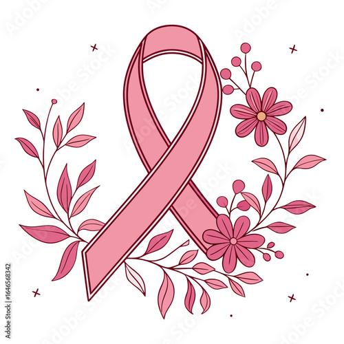 Pink breast cancer awareness ribbon surrounded by floral elements on a white background design vector