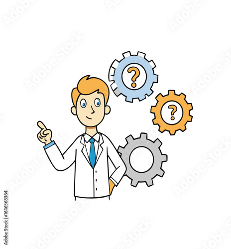 Friendly Scientist with Question Mark Gears: Problem Solving, Innovation, and Solutions Illustration