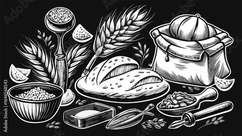 Illustrations of different bread types, wheat stalks, and baking tools arranged artistically on a neutral backdrop..eps