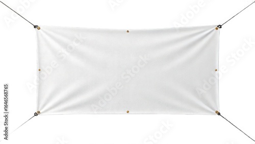 Empty white vinyl banner stretched with ropes and grommets isolated on white background
