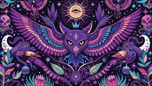 A pink background featuring playful black cats and birds scattered throughout the design..eps