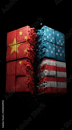 Broken cube, divided flags, China, USA