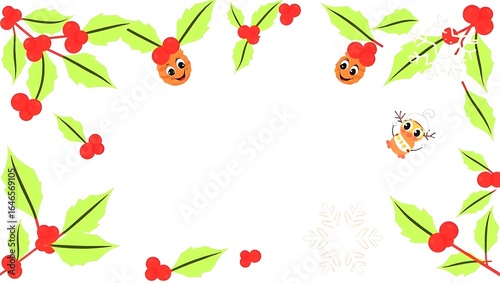 Wallpaper Mural Child-friendly border, smiling holly leaves, pinecones with cartoon eyes, simple snowflakes, space on center-left for worksheet Torontodigital.ca