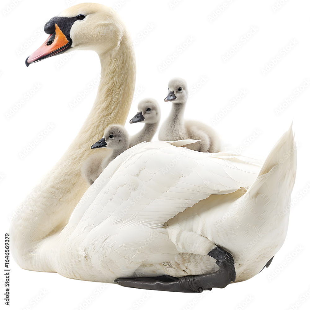 Obraz premium A graceful swan with three fluffy cygnets resting on its back in a serene natural setting