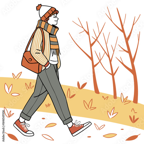 Illustration of a person walking in autumn with a hat scarf and bag in a park setting with trees
