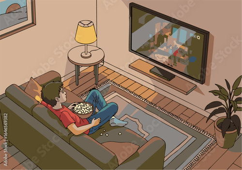 A person relaxing on a comfortable living room couch, enjoying popcorn and watching television, a serene illustration of modern home leisure.