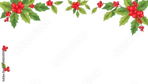 Christmas border with holly, snowflakes, and pinecones, center left for message