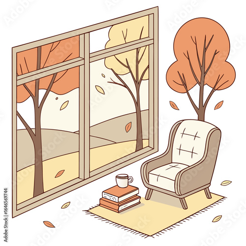 Cozy autumn scene with armchair, books, mug, and falling leaves viewed through a large window pane
