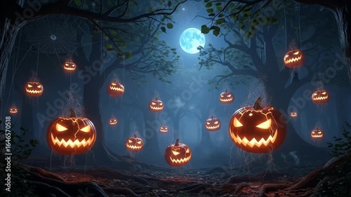 Mystical Halloween Night Forest with Glowing Pumpkins Floating Under a Full Moon Animated Spooky Scene