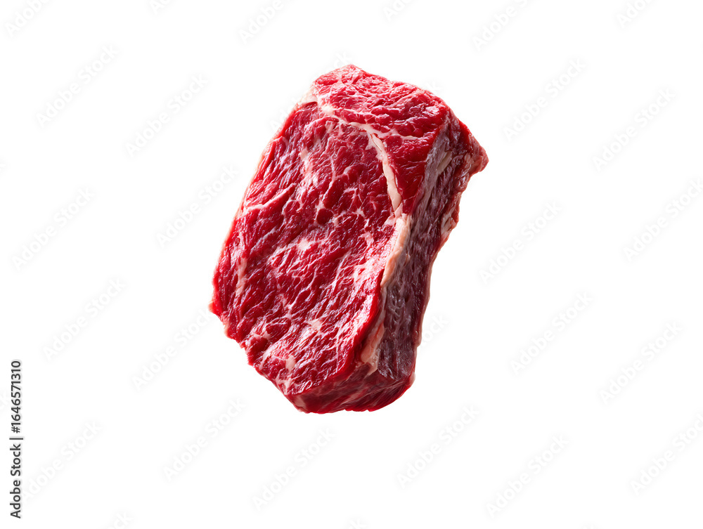 Fototapeta premium Freshly cut raw beef steak with a vibrant red color and marbled texture resting on a clean white surface
