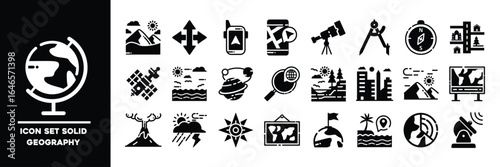 Geography Solid Icon Set Featuring Various Globes, Maps, and Navigation Tools.