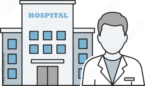 Clean vector illustration of a hospital building and a professional doctor, symbolizing essential healthcare services, medical support, and health facility operations.