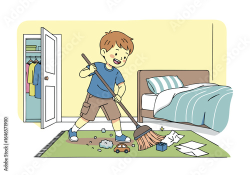 Joyful Young Boy Sweeping His Messy Bedroom, Actively Engaging in Chores and Learning to Keep His Space Tidy, A Charming Illustration of Childhood Responsibility.