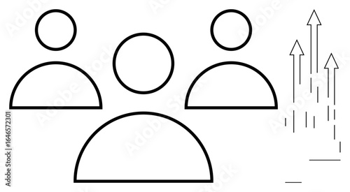 Simplistic outline of three human figures and upward arrows symbolizing teamwork, progress, and collective growth. Ideal for business, leadership, motivation, community, career development, success