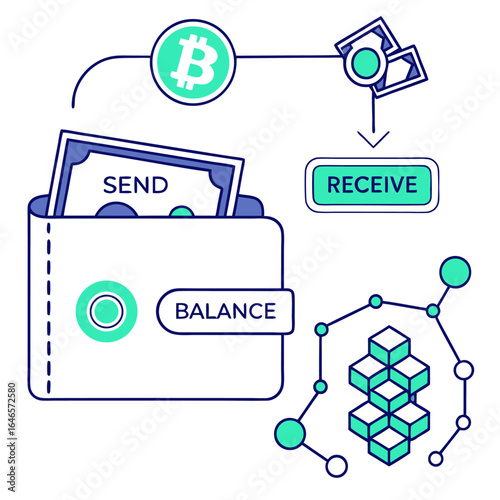 Illustration of bitcoin transaction with wallet sending and receiving money and blockchain network design