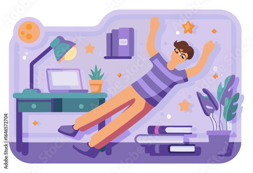 A whimsical illustration of a relaxed person floating in a room with a desk, laptop, lamp, books, plants, and celestial elements, symbolizing dreaming, imagination, and comfort in a personal space.