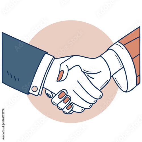 Illustration of two hands shaking in agreement with a light pink circle in the background design art